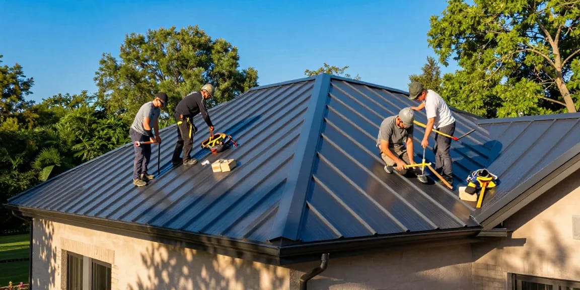 View of a professional team inspecting new metal roofing, click here to discover quality installation.