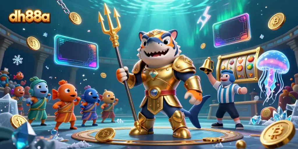Engage in thrilling casino action with dh88a, featuring a cartoon shark champion in an underwater colosseum.