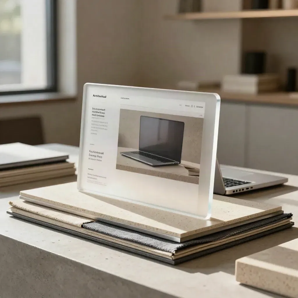 Layered website mockup with acrylic cards, stone blocks, closed laptop, and fabric swatches.