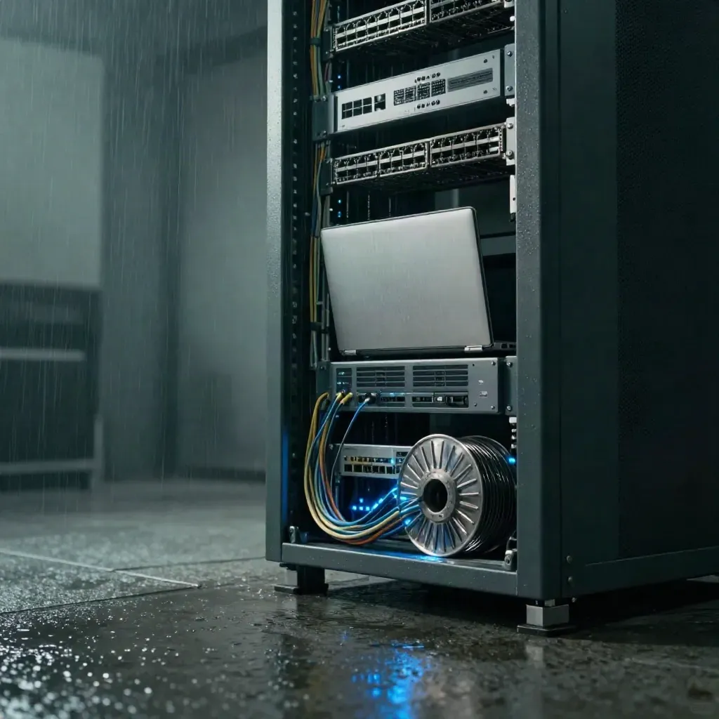 Rain-slick server rack with glowing blue LEDs, laptop, modem stack, and fiber spool