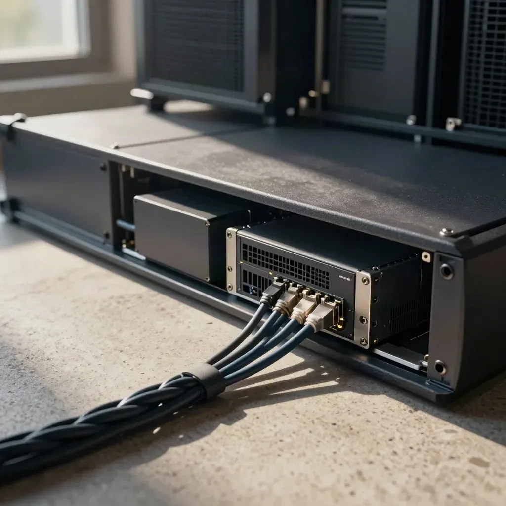 Server node and cables glowing in a dark equipment niche