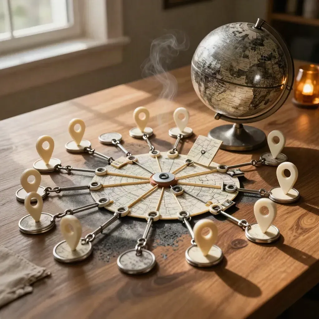 Overhead flat lay of globe, pins, linked rings, and map tiles on warm walnut surface.