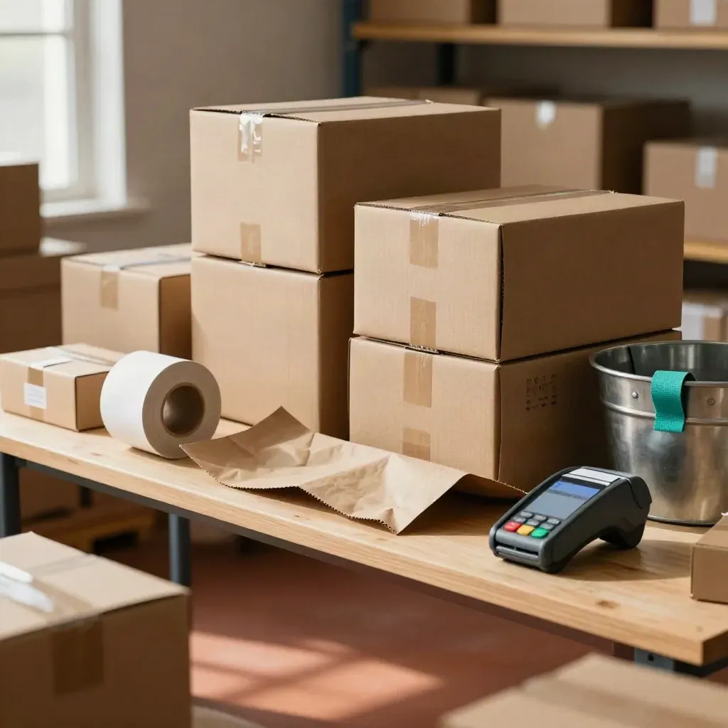Shipping station with cartons, kraft paper, label roll, and a turned card terminal