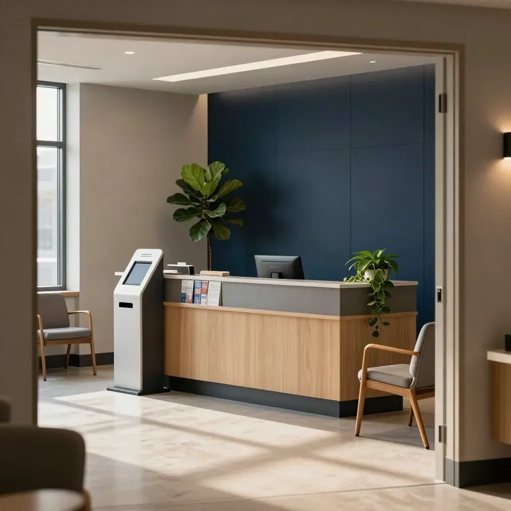Empty Toronto clinic lobby with glowing check-in kiosk, chairs, and greenery.