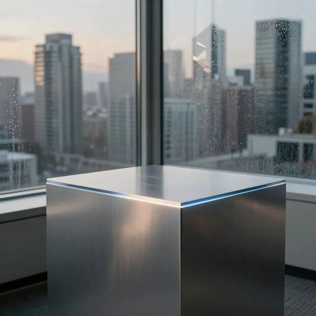 Macro of a glass office corner, prototype pedestal, projector glow, and Vancouver skyline reflections.