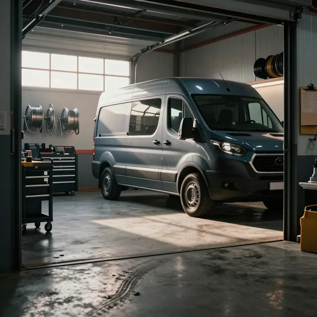 Service van beside a ready workshop bay with tools and hose reels, seen through a garage threshold.