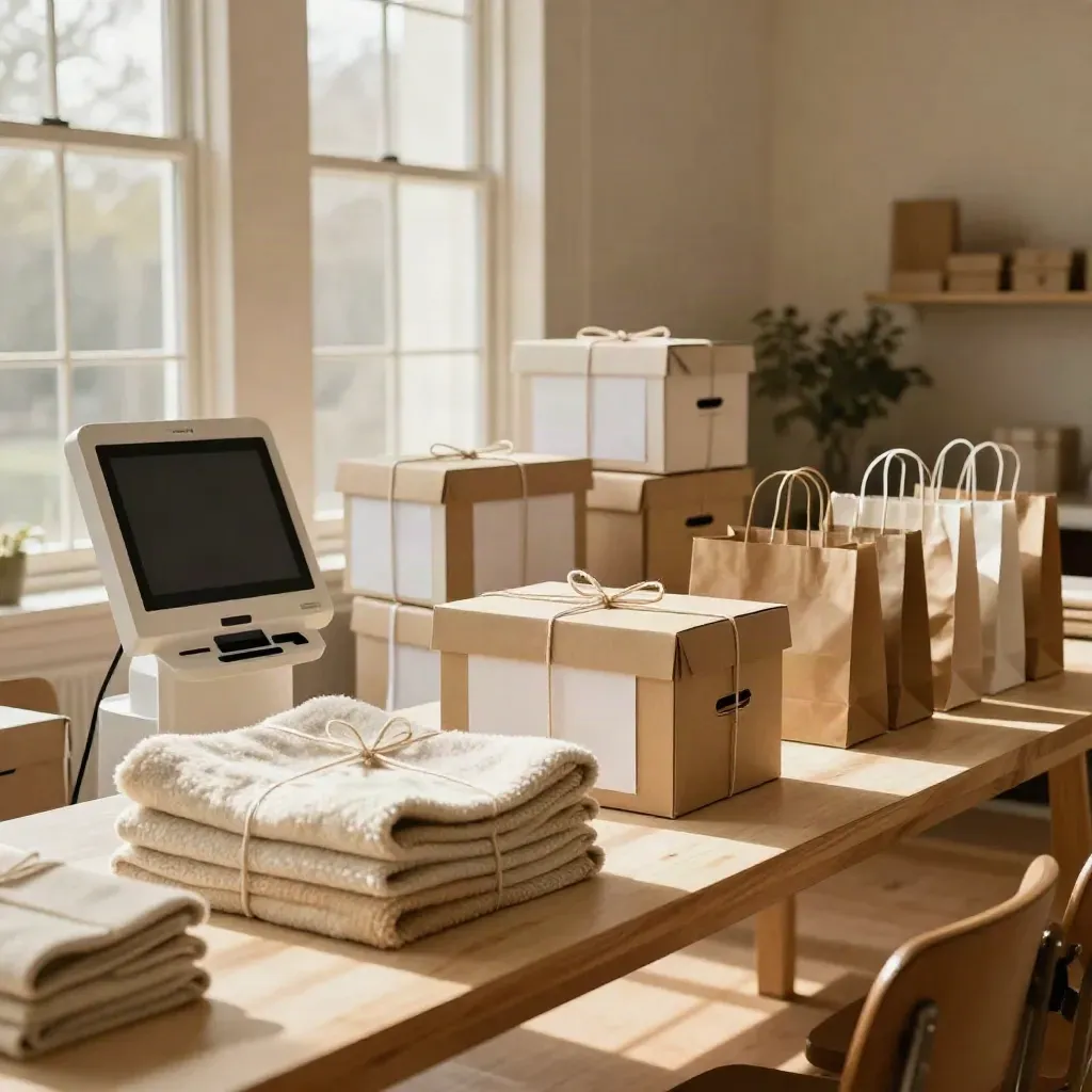 Donation boxes, folded blankets, and a payment kiosk in a bright community hall for a giving campaign.
