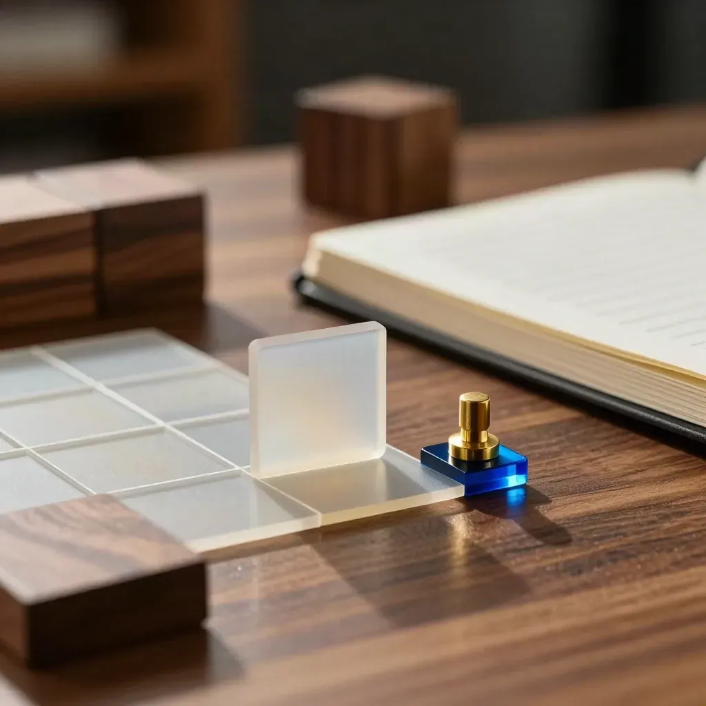 Macro still life of grid chips, walnut blocks, brass puck, and a closed notebook on wood.