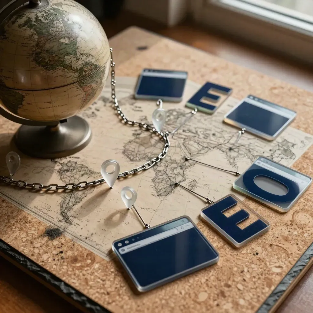 Globe, chain links, location pins and acrylic tabs in a close SEO mapping still life.