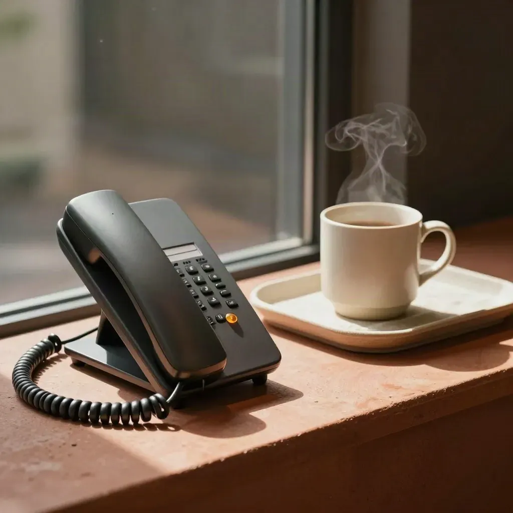 Desk phone base, headset stand, message light and ceramic water cup on linen tray in warm daylight.