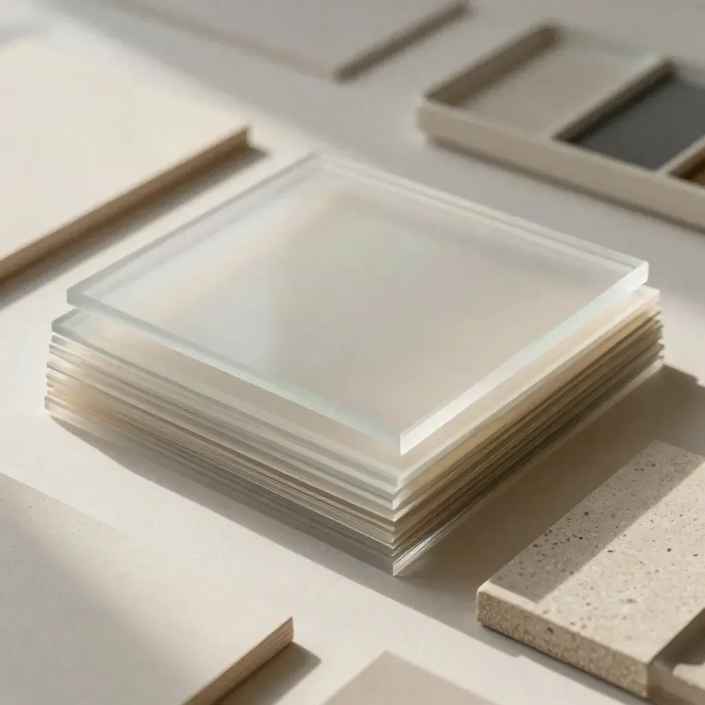 Frosted layout sheets, color chips, and a ceramic swatch tray on a plaster sweep.