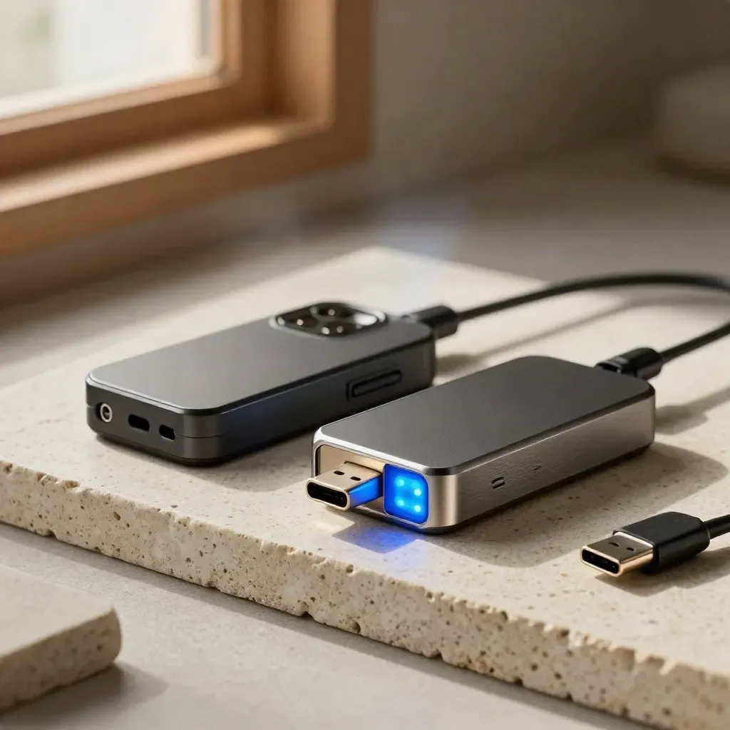 Device shells, USB-C leads and a glowing diagnostic block on limestone