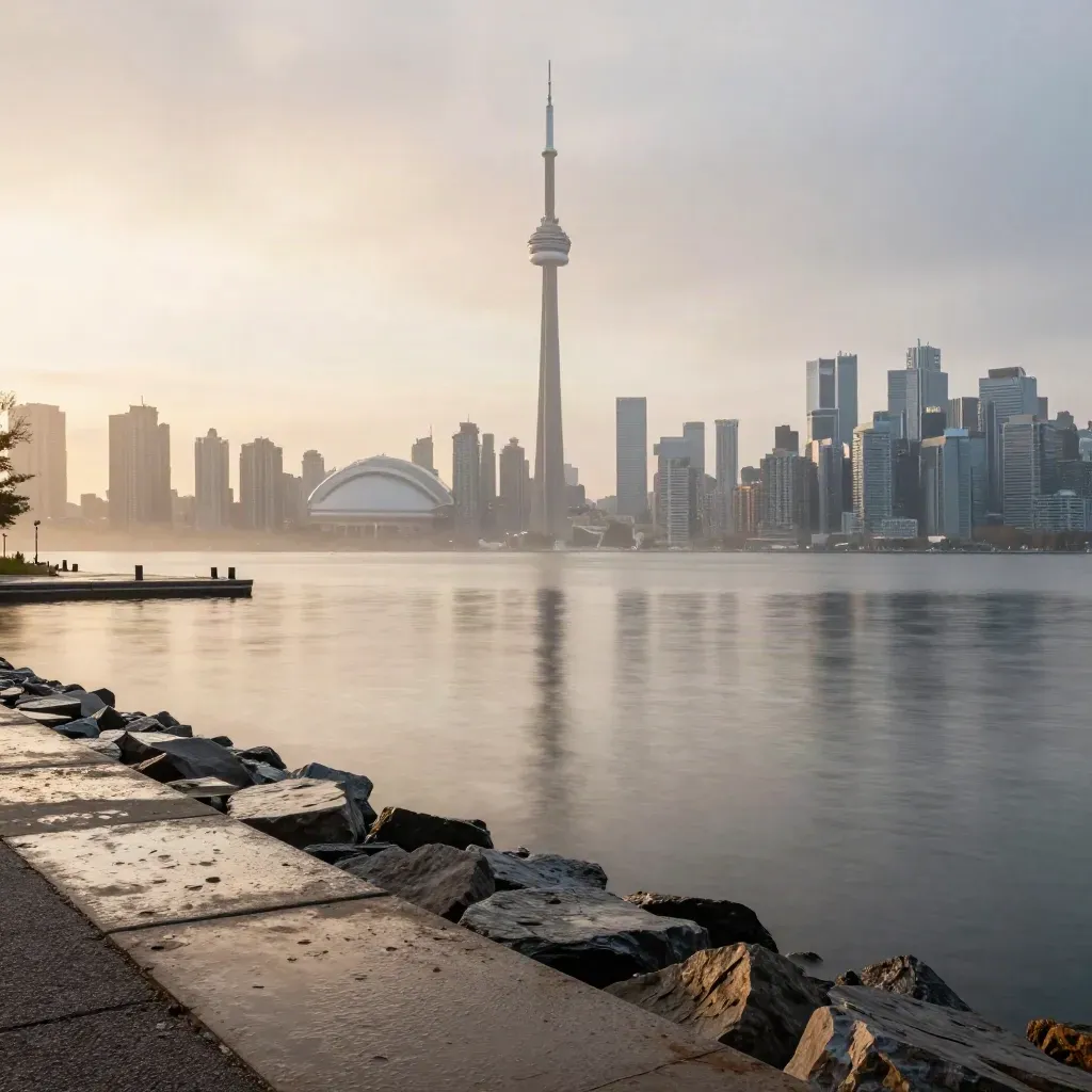Toronto skyline in sunrise mist from the lake edge, CN Tower high above calm water