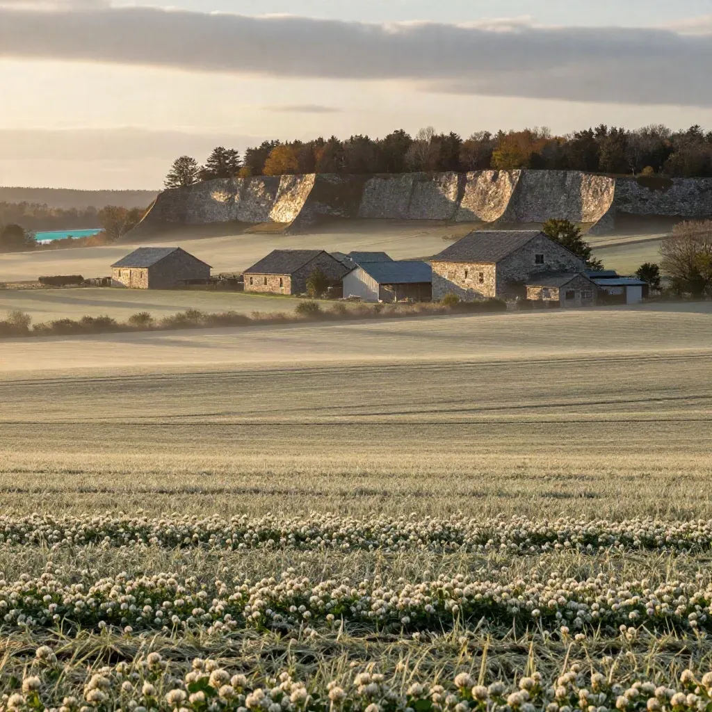 Southern Ontario fields, limestone barns and escarpment under warm late-afternoon haze.