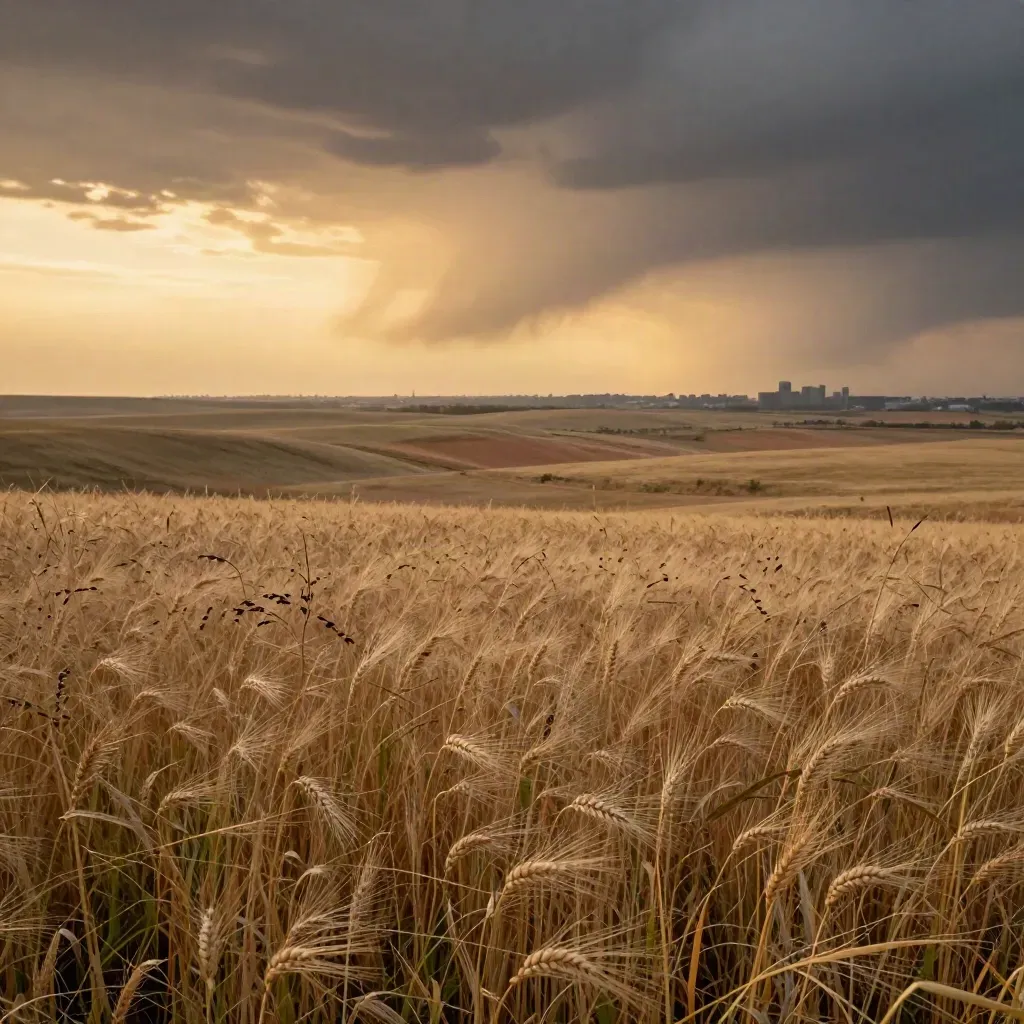 Alberta prairie grass and foothills under clearing storm light with a distant city edge.
