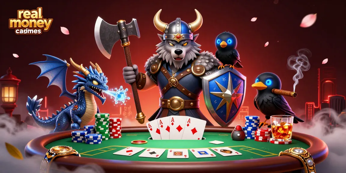 Engage in exhilarating real money casino games with a Viking warrior, dragon, and poker elements.