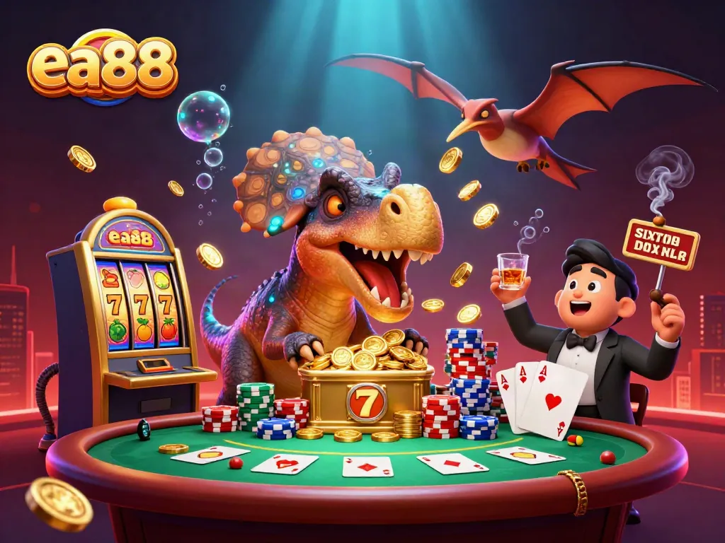 ea88 gaming scene featuring a pachycephalosaurus in a casino setting with slot machine and coins