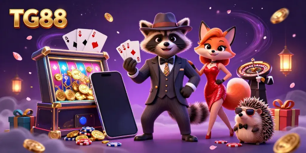Experience thrilling wins at TG88 with animated characters in a bustling casino scene.