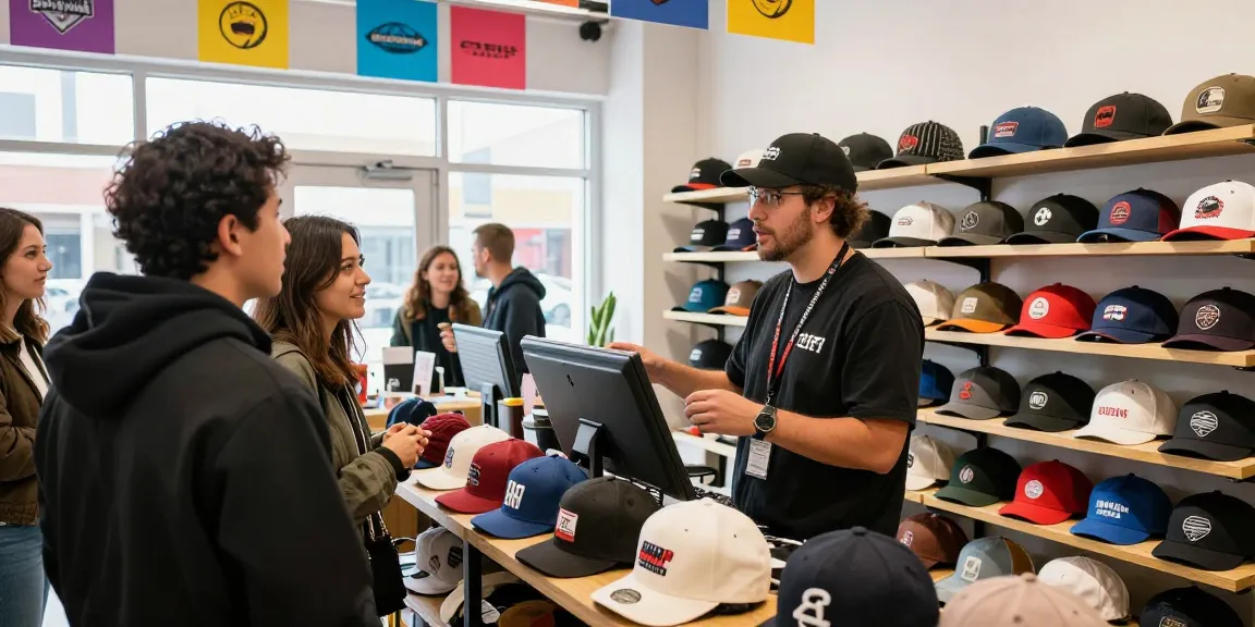 Branded hats in a vibrant showroom with customers exploring styles.