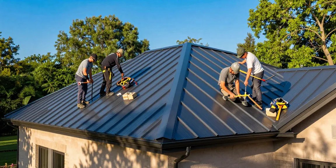 View of a professional team inspecting new metal roofing, click here to discover quality installation.